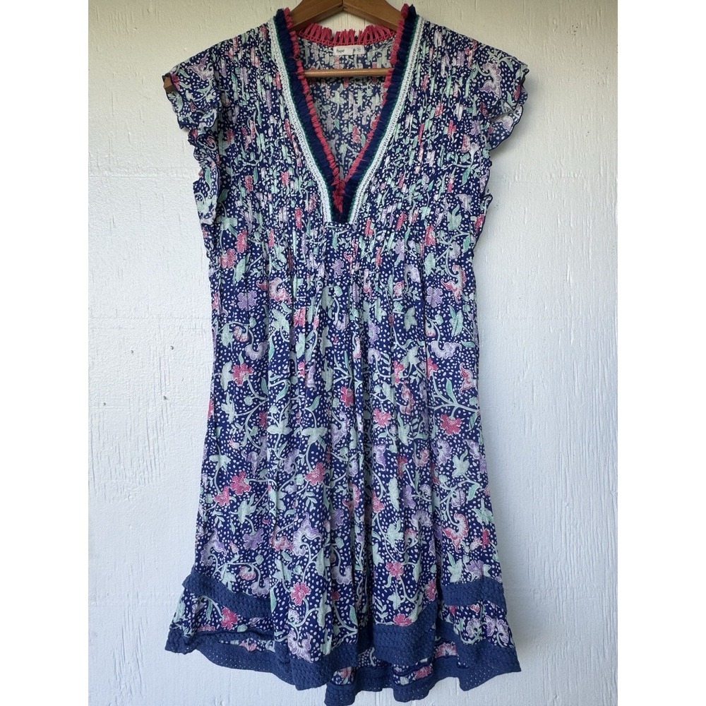 POUPETTE ST BARTH BLUE PINK FLORAL SASHA PLEATED FLUTTER SLEEVE MINI DRESS XS